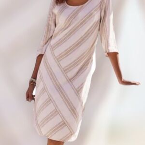 Soft Surroundings White Tan Sz PS Asymmetrical Stripe Linen Blend Shift Dress